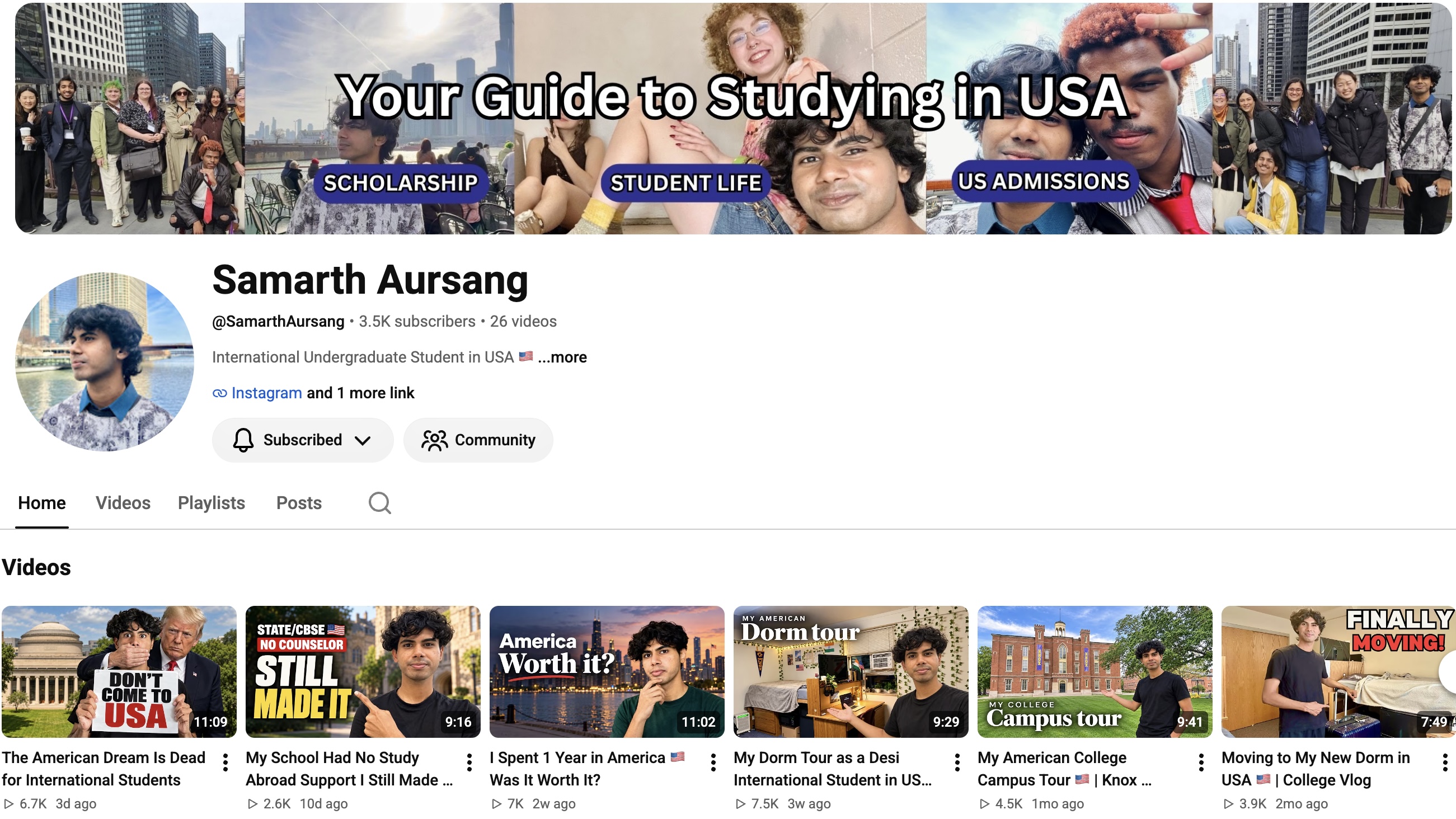Samarth Aursang’s YouTube channel, with videos about scholarships, student life, and US admissions